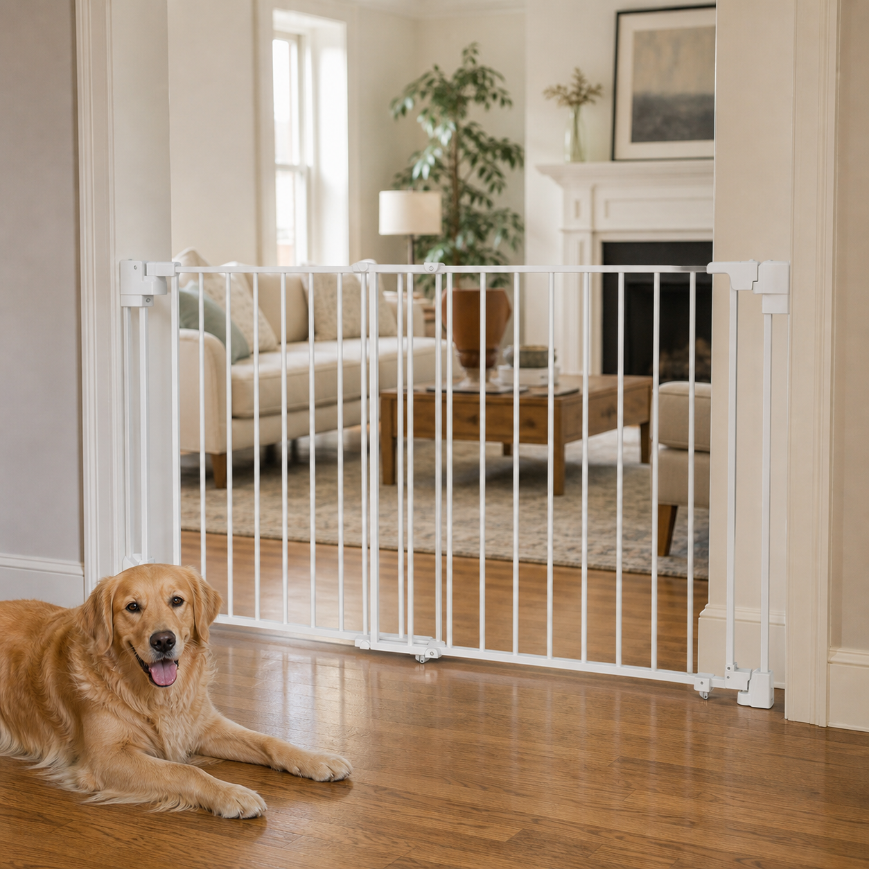 Amief Home extra-wide walk-through pet gate installed in a living room opening