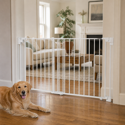 Amief Home extra-wide walk-through pet gate installed in a living room opening