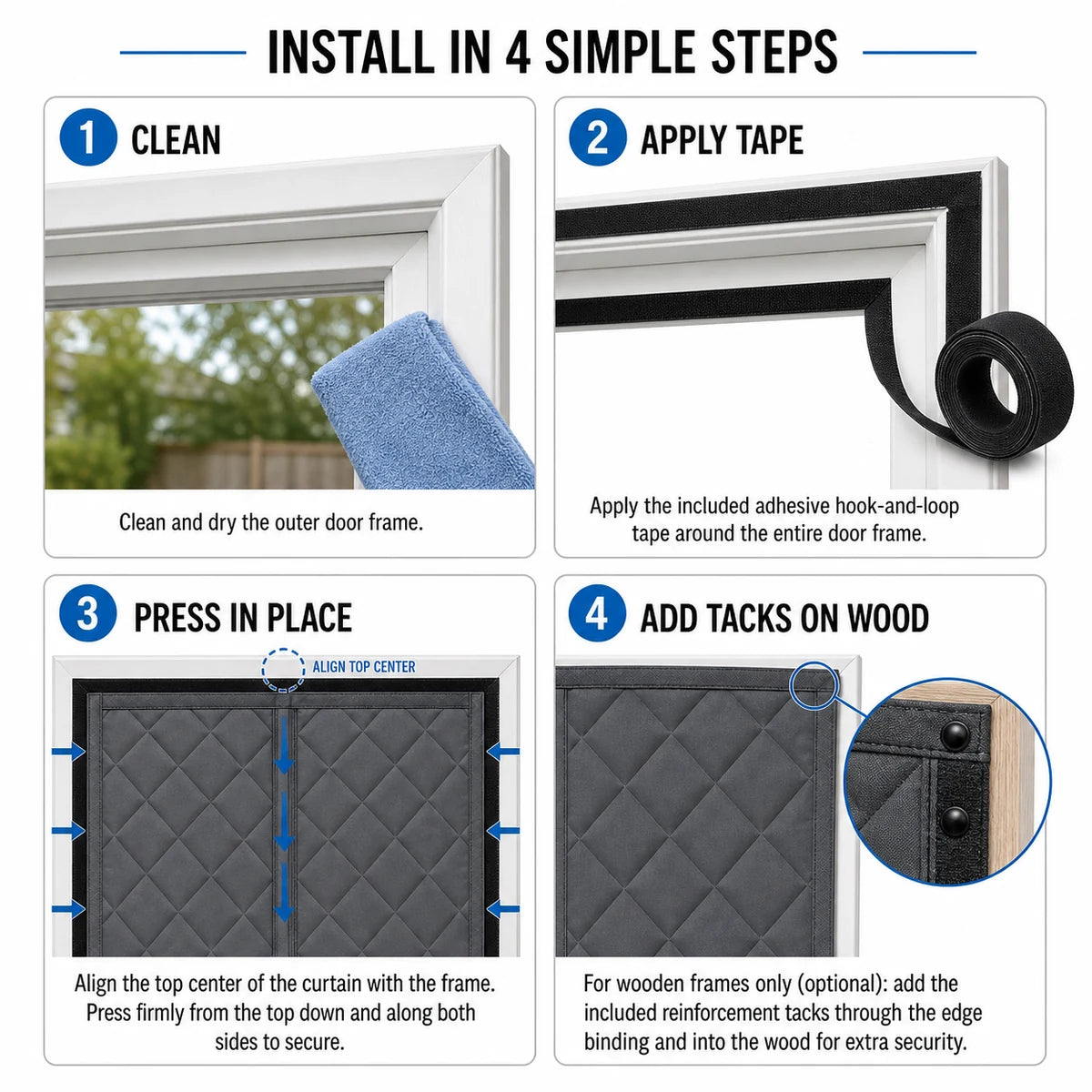Thermal Door Curtains | Four-step adhesive tape installation with optional reinforcement tacks for wood frames