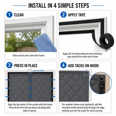 Thermal Door Curtains | Four-step adhesive tape installation with optional reinforcement tacks for wood frames