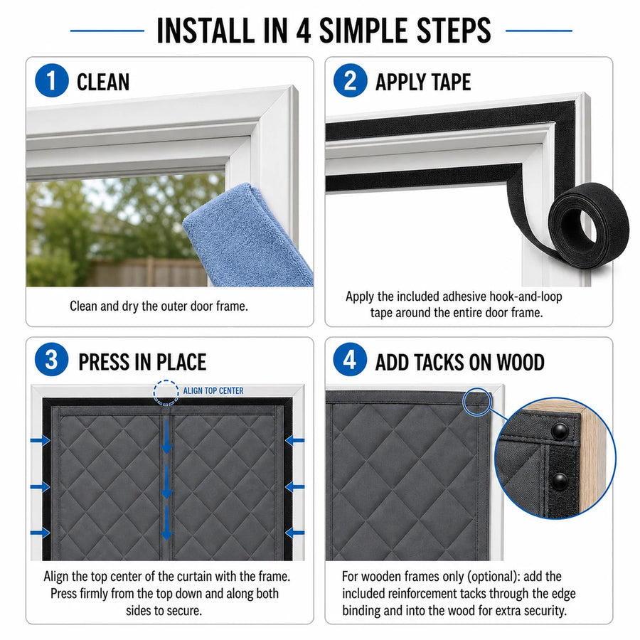 Thermal Door Curtains | Four-step adhesive tape installation with optional reinforcement tacks for wood frames