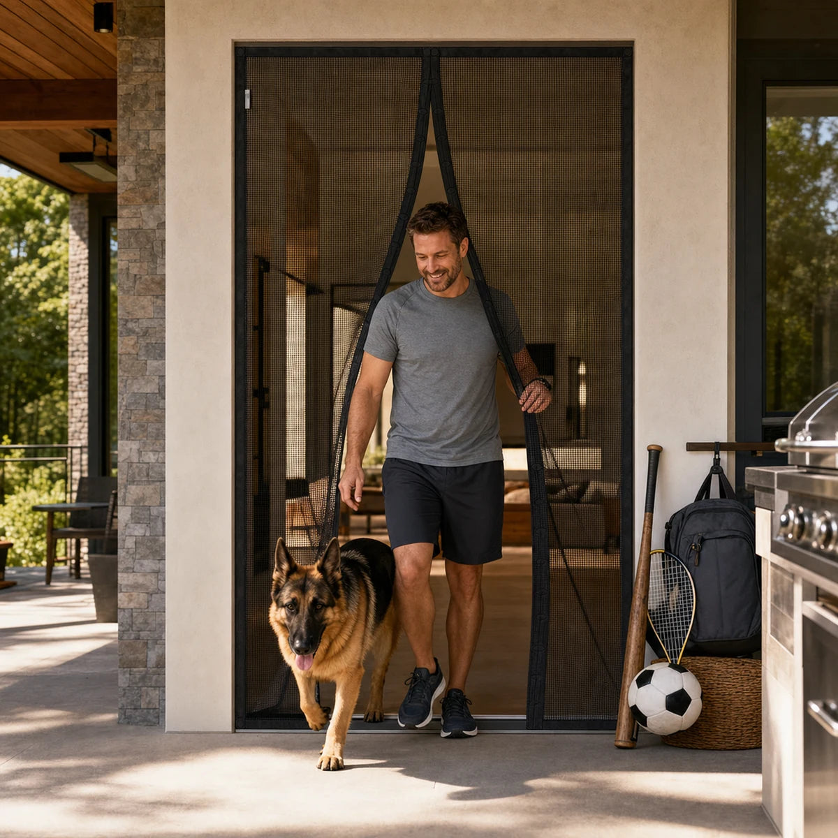 U Series 260G | Ultra heavy-duty magnetic screen door on an active family patio with a German Shepherd