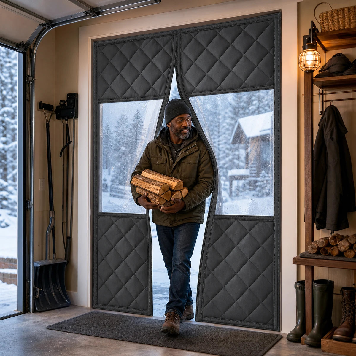 Winter Pro | Large-view magnetic insulated curtain at a snowy garage-to-home entry