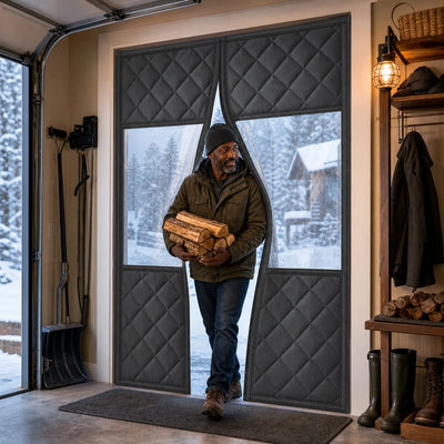 Winter Pro | Large-view magnetic insulated curtain at a snowy garage-to-home entry
